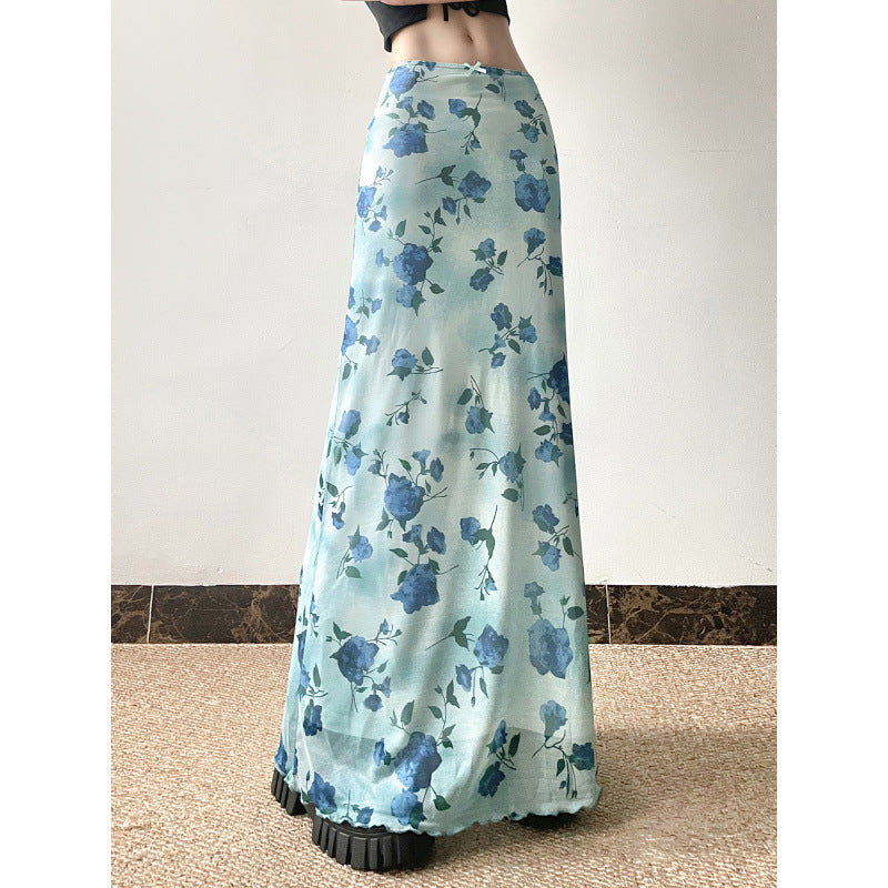 Blue Floral High Waist Chiffon Bodycon Midi Skirt – Elegant Vintage-Inspired Skirt for Women (S–XL)