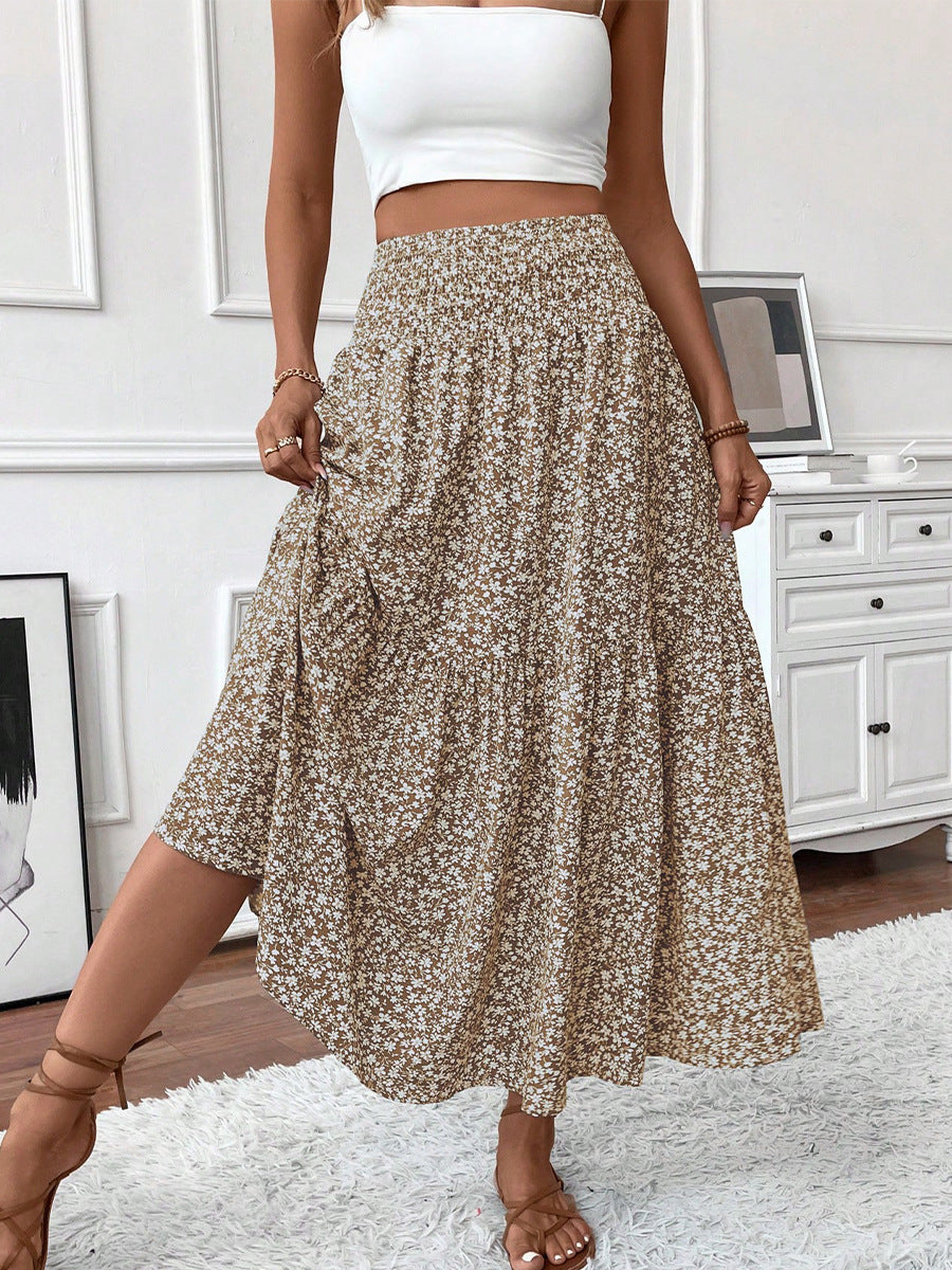 Boho Brown Floral High Waist Flowy Midi Skirt – Daisy Print Elastic Waist Skirt for Women (S–XL)