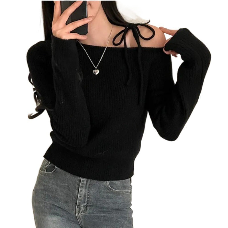 Off-Shoulder Tied Knit Top - Stylish and Simple, Showcasing Feminine Charm