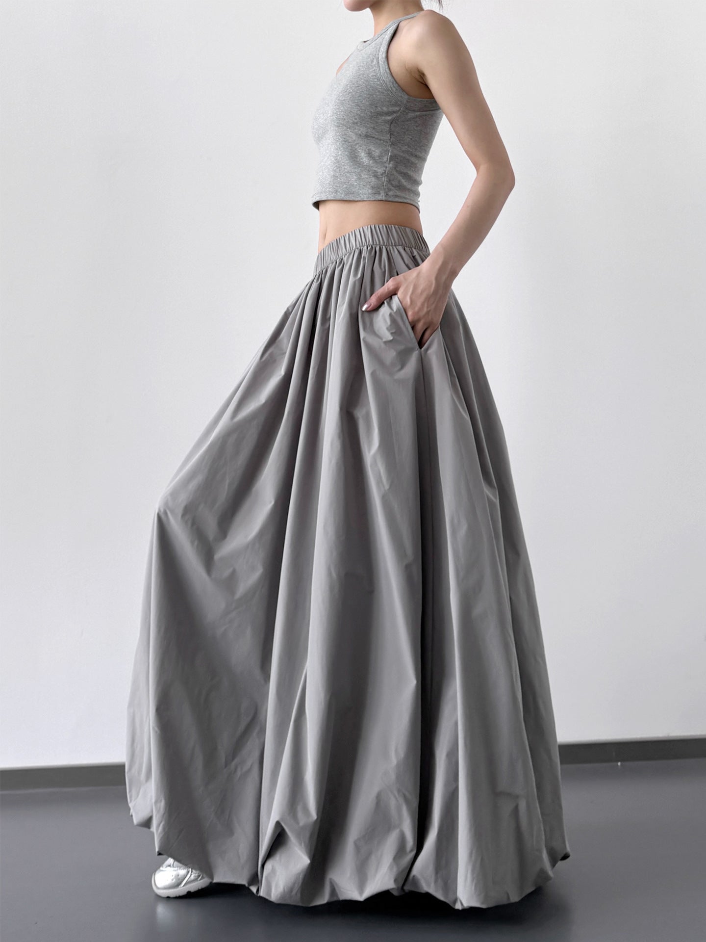 Minimalist High - Waisted Balloon Midi Skirt, Oversized A - Line Swing Skirt, Draped Flattering Mid - Length Skirt (Sizes S - XL)