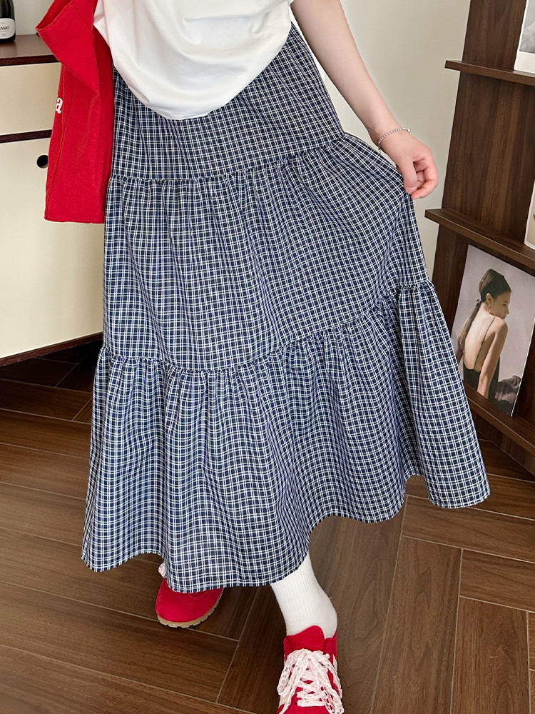 Vintage Checkered High - Waisted Tiered Skirt, Preppy Style Loose Midi Skirt, Versatile Artistic Plaid Skirt (Sizes S - XL)