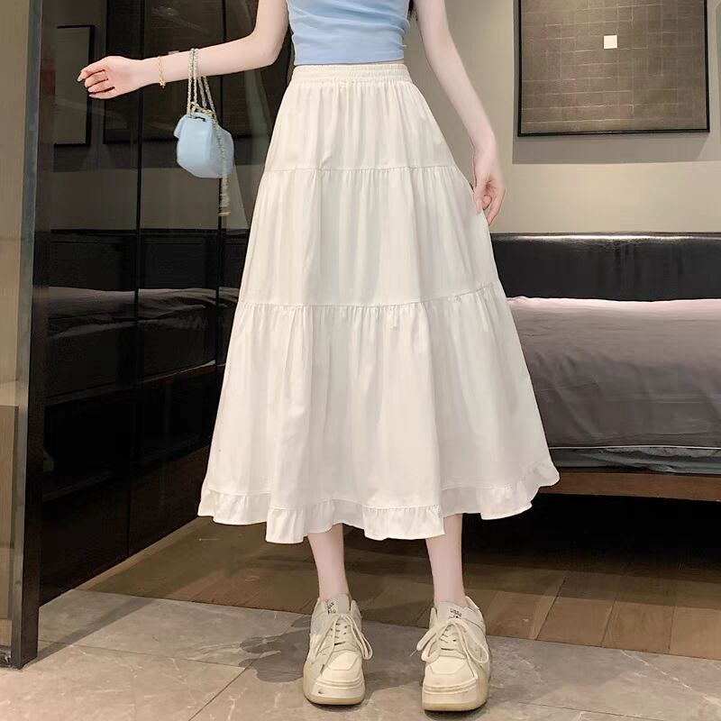 Sweet High Waist Tiered Ruffle Midi Skirt – White A-Line Elastic Waist Flowy Skirt for Women (S–XL)
