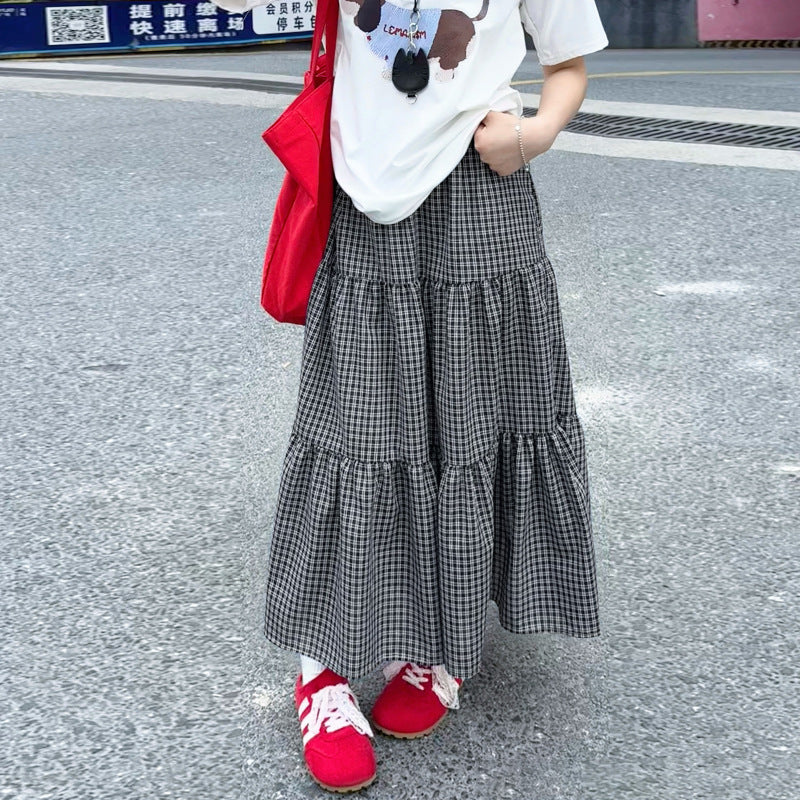 Vintage Checkered High - Waisted Tiered Skirt, Preppy Style Loose Midi Skirt, Versatile Artistic Plaid Skirt (Sizes S - XL)
