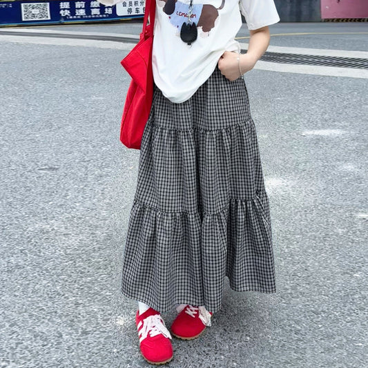 Vintage Checkered High - Waisted Tiered Skirt, Preppy Style Loose Midi Skirt, Versatile Artistic Plaid Skirt (Sizes S - XL)