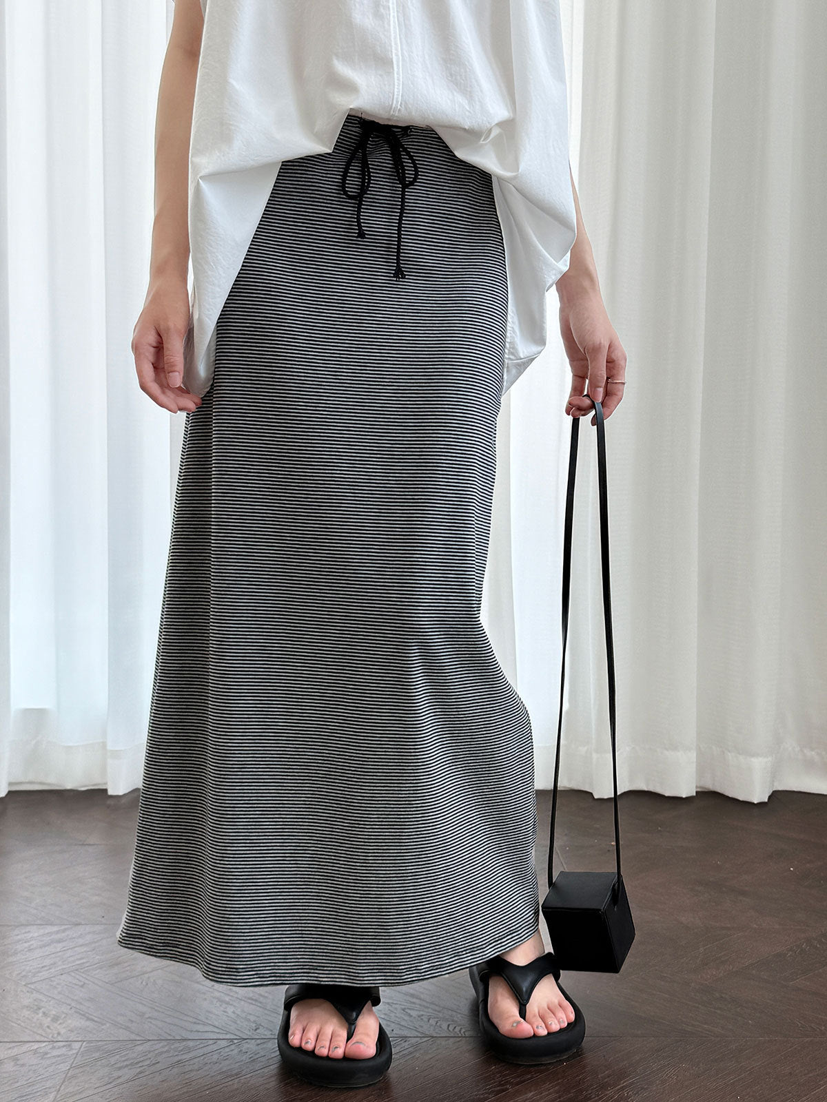 Classic Striped Drawstring Midi Skirt, Minimalist Straight - Cut Mid - Length Skirt, Versatile for Work & Leisure (Sizes S - XL)