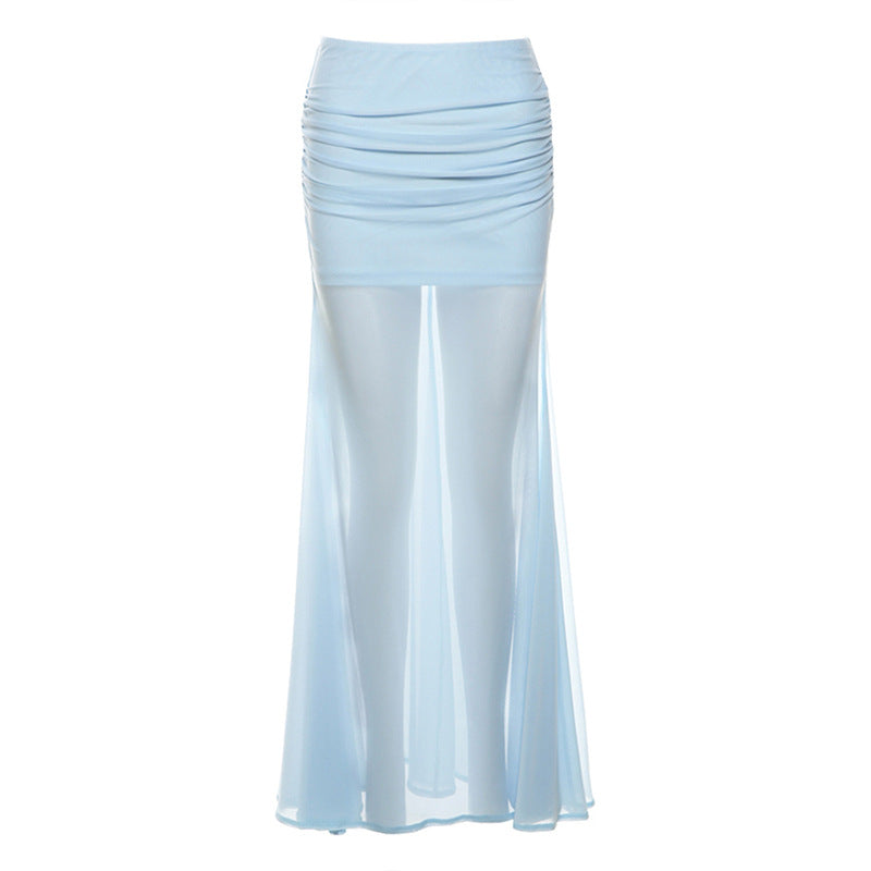 Ice Blue Mesh Patchwork High Waist Mermaid Midi Skirt – Sheer Slim Fit Party Skirt for Women (S–XL)