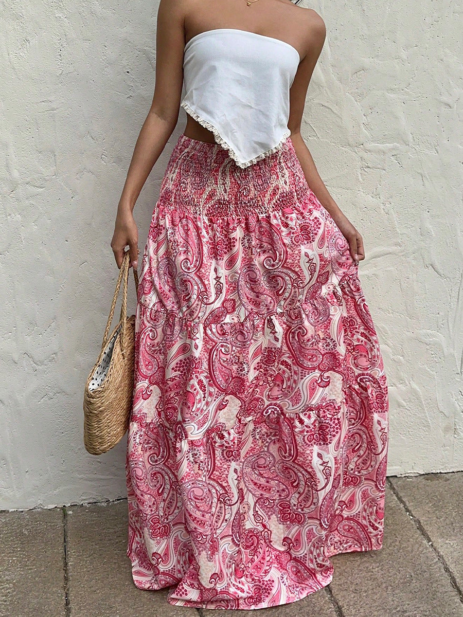 Boho Red Paisley Print Smocked Waist Maxi Skirt – High Waist Flowy Chiffon A-Line Skirt for Women (S–XL)