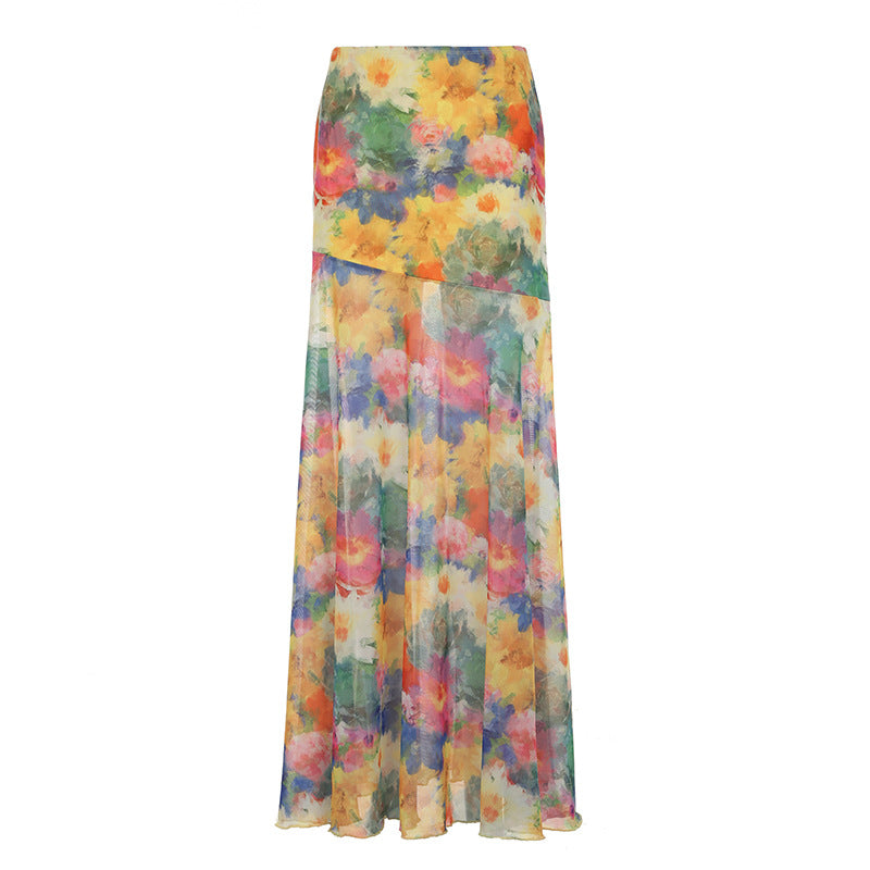 Colorful Floral Chiffon Midi Skirt – Asymmetrical High Waist Flowy Holiday Skirt for Women (S–XL)