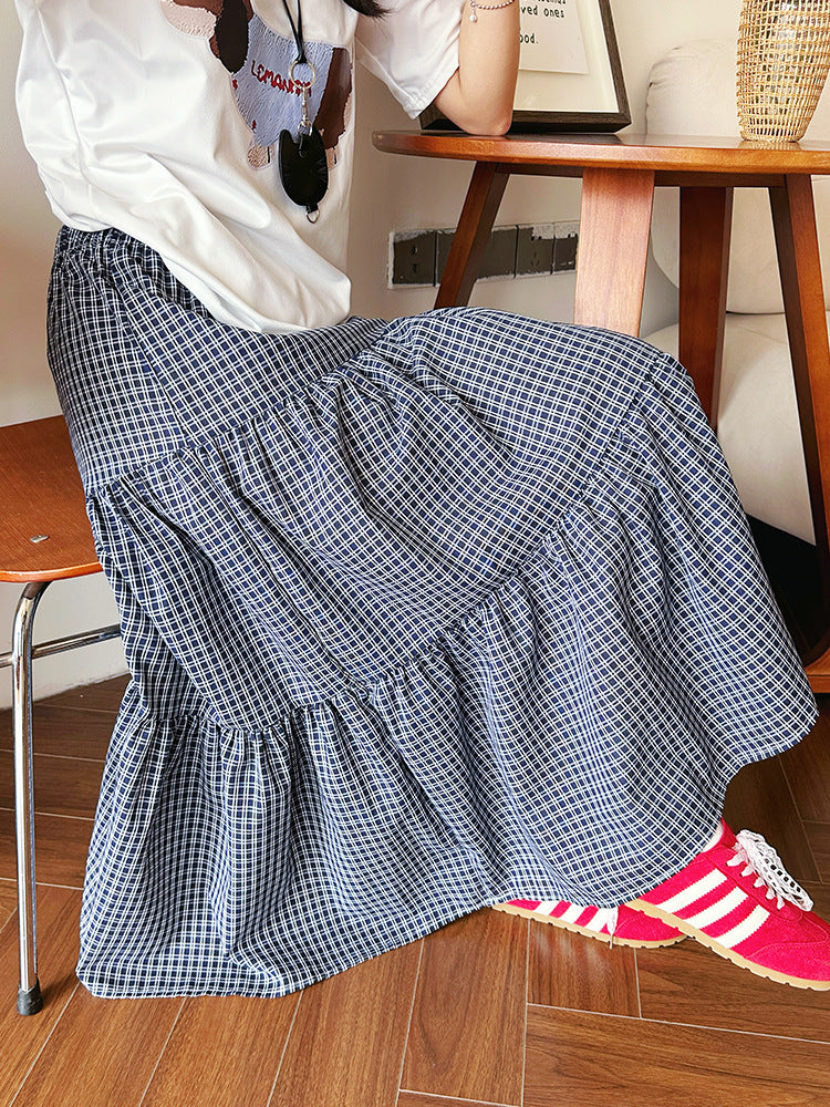 Vintage Checkered High - Waisted Tiered Skirt, Preppy Style Loose Midi Skirt, Versatile Artistic Plaid Skirt (Sizes S - XL)