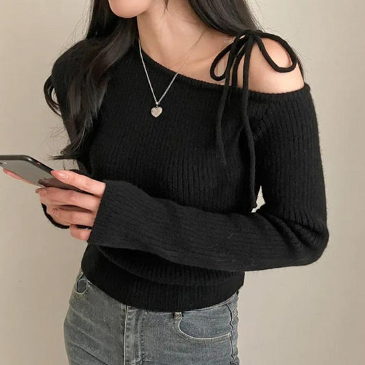 Off-Shoulder Tied Knit Top - Stylish and Simple, Showcasing Feminine Charm
