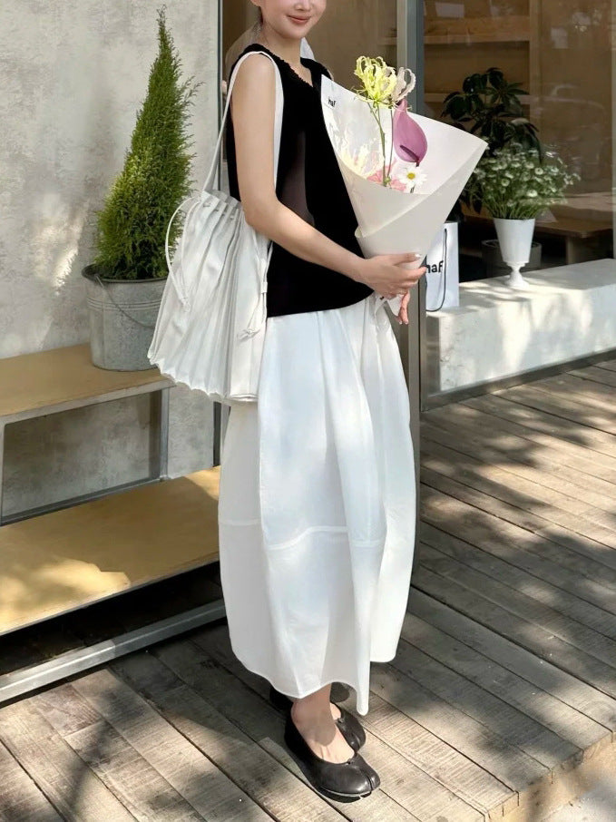 Minimalist High Waist White A-Line Midi Skirt – Elastic Waist Cotton Blend Skirt for Women (S-XL)