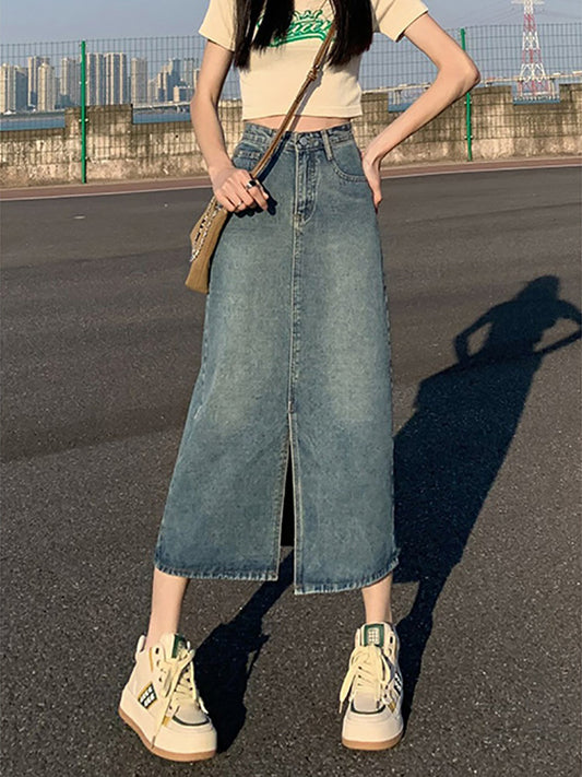 Vintage High Waist Front Slit Denim Midi Skirt – Straight A-Line Jean Skirt for Women (S–XL)