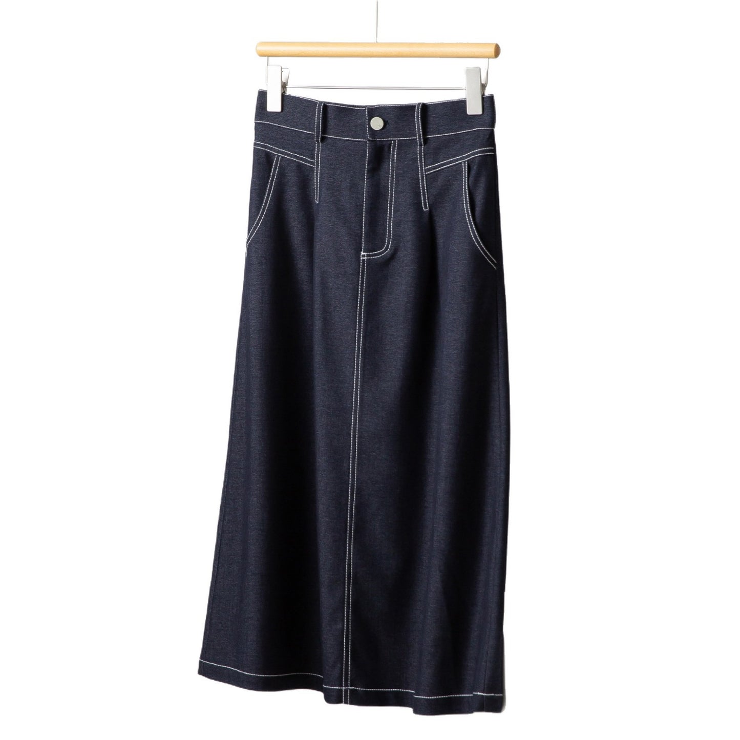 High Waist Dark Blue Straight Denim Midi Skirt – Basic Pocket Jean Skirt for Women (S–XL)