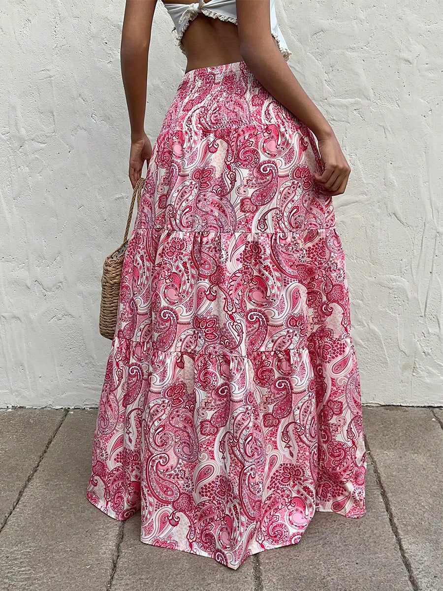 Boho Red Paisley Print Smocked Waist Maxi Skirt – High Waist Flowy Chiffon A-Line Skirt for Women (S–XL)