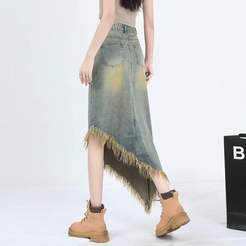 Asymmetrical High Waist Denim Midi Skirt – Frayed Hem Vintage Street Style A-Line Skirt for Women (S–XL)