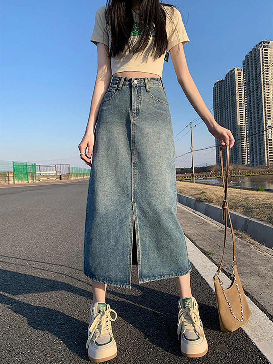 Vintage High Waist Front Slit Denim Midi Skirt – Straight A-Line Jean Skirt for Women (S–XL)