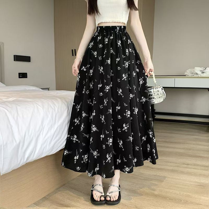Black Floral High Waist Chiffon Midi Skirt – Elastic Waist Flowy A-Line Skirt for Women (S–XL)