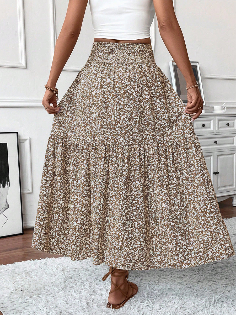 Boho Brown Floral High Waist Flowy Midi Skirt – Daisy Print Elastic Waist Skirt for Women (S–XL)