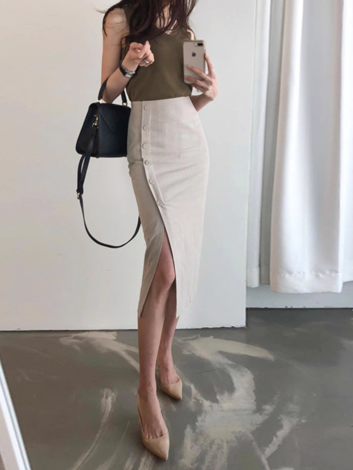 Minimalist Linen Gray Buttoned High Waist Midi Pencil Skirt – Office Chic Straight Skirt for Women (S–XL)