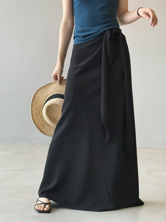 Minimalist Black Tie-Waist Midi Skirt – High Waist Slit Wrap Skirt for Women (S–XL)