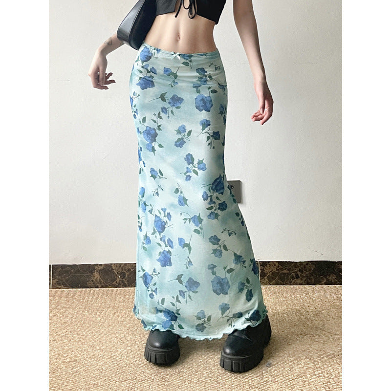 Blue Floral High Waist Chiffon Bodycon Midi Skirt – Elegant Vintage-Inspired Skirt for Women (S–XL)