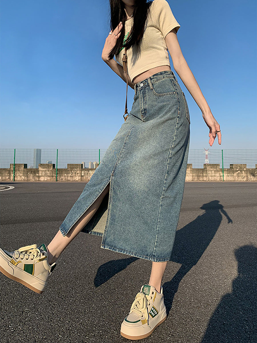 Vintage High Waist Front Slit Denim Midi Skirt – Straight A-Line Jean Skirt for Women (S–XL)