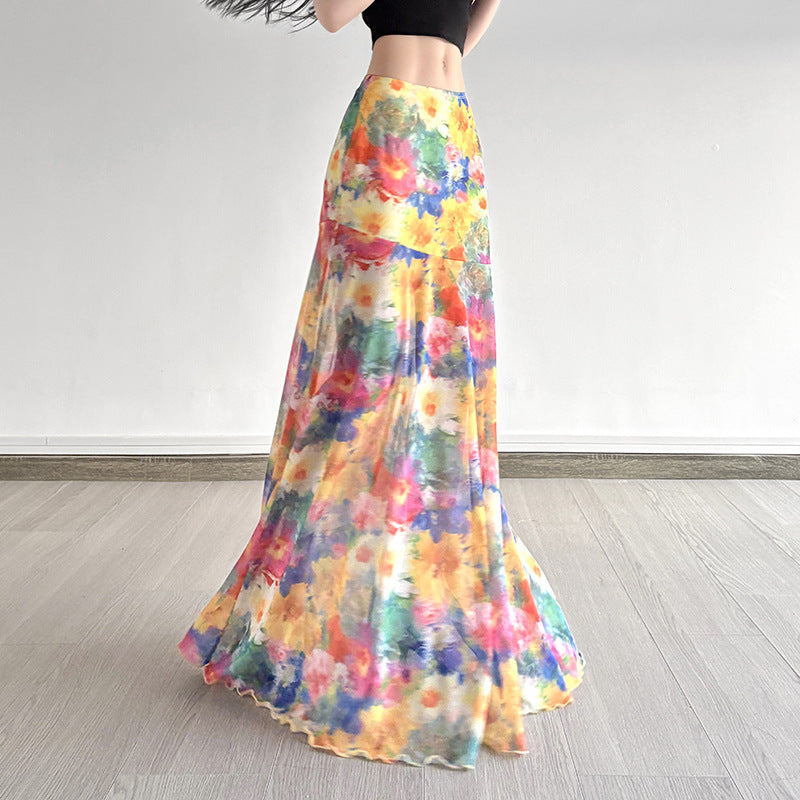 Colorful Floral Chiffon Midi Skirt – Asymmetrical High Waist Flowy Holiday Skirt for Women (S–XL)