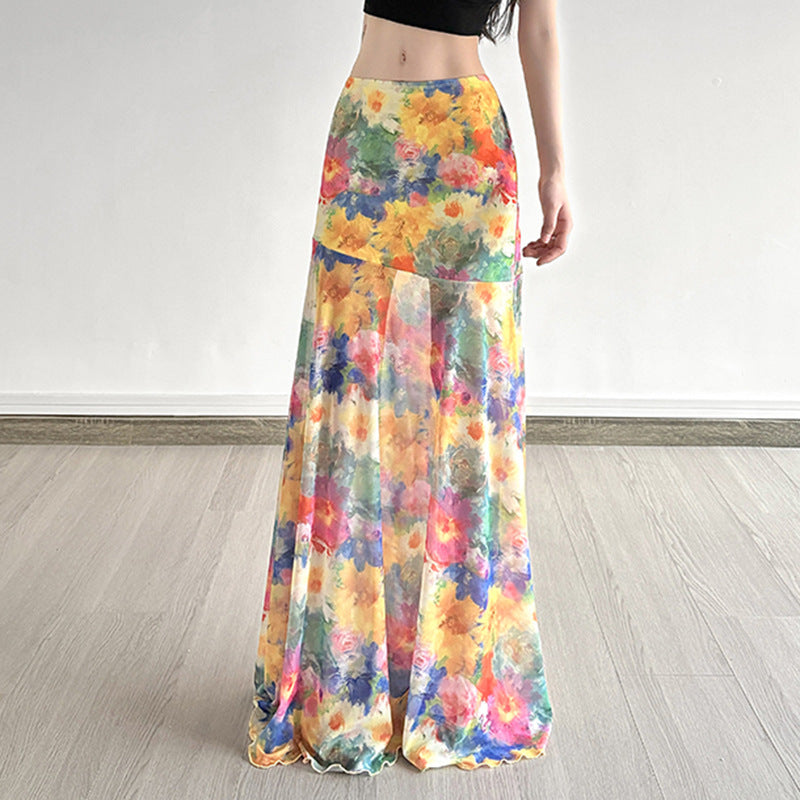 Colorful Floral Chiffon Midi Skirt – Asymmetrical High Waist Flowy Holiday Skirt for Women (S–XL)