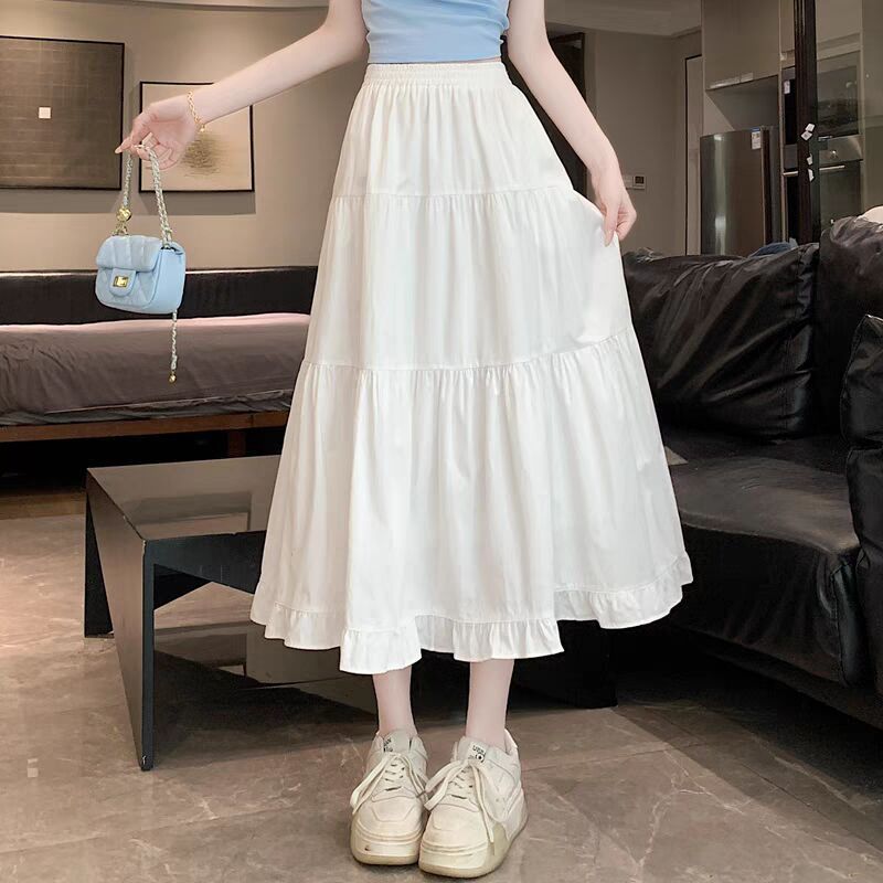 Sweet High Waist Tiered Ruffle Midi Skirt – White A-Line Elastic Waist Flowy Skirt for Women (S–XL)
