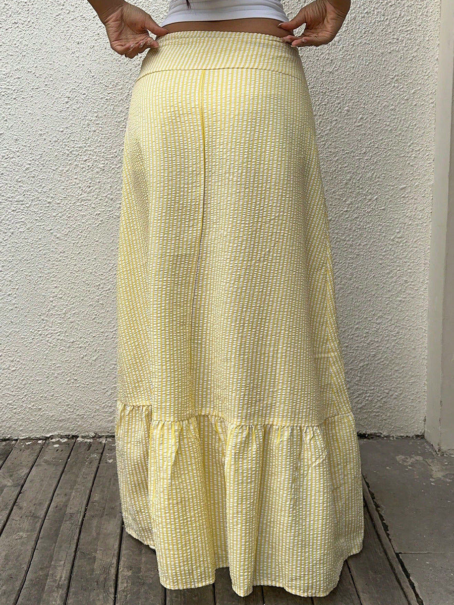 Light Yellow High Waist Tiered Ruffle Midi Skirt – Beach Holiday Flowing Skirt for Women (S–XL)