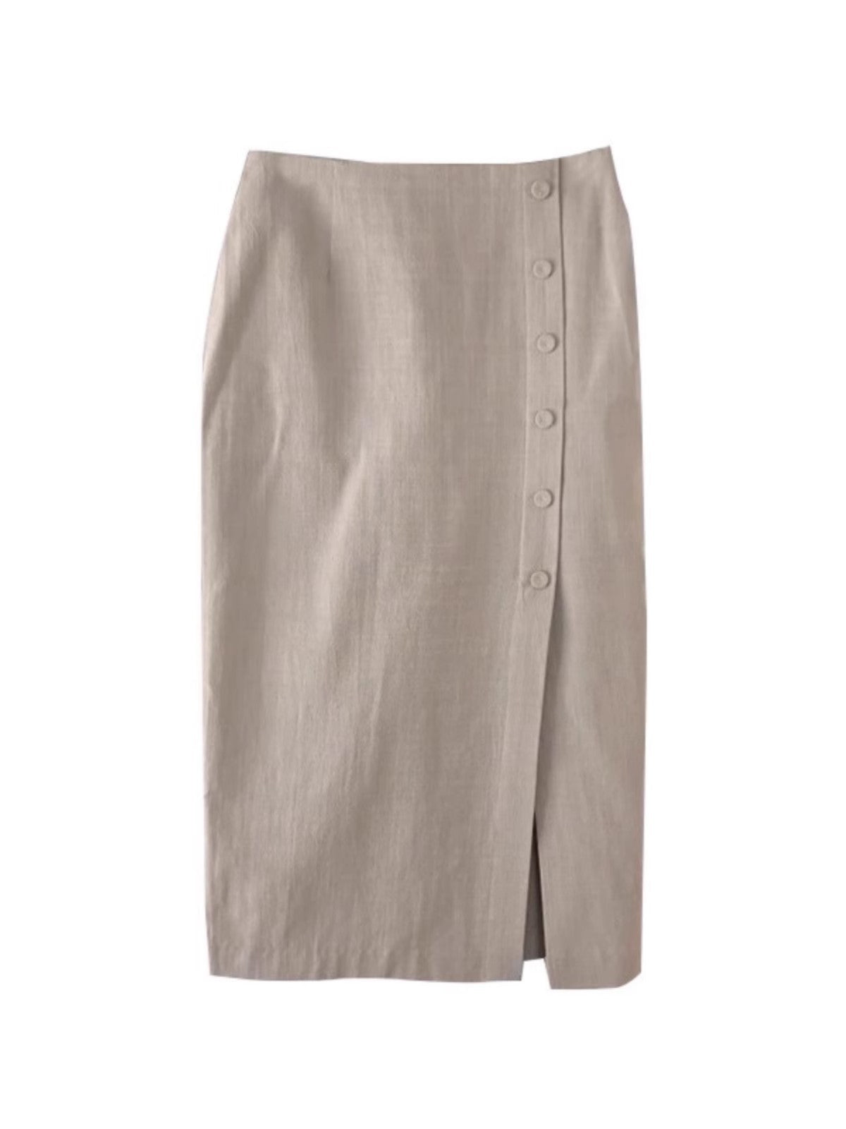 Minimalist Linen Gray Buttoned High Waist Midi Pencil Skirt – Office Chic Straight Skirt for Women (S–XL)