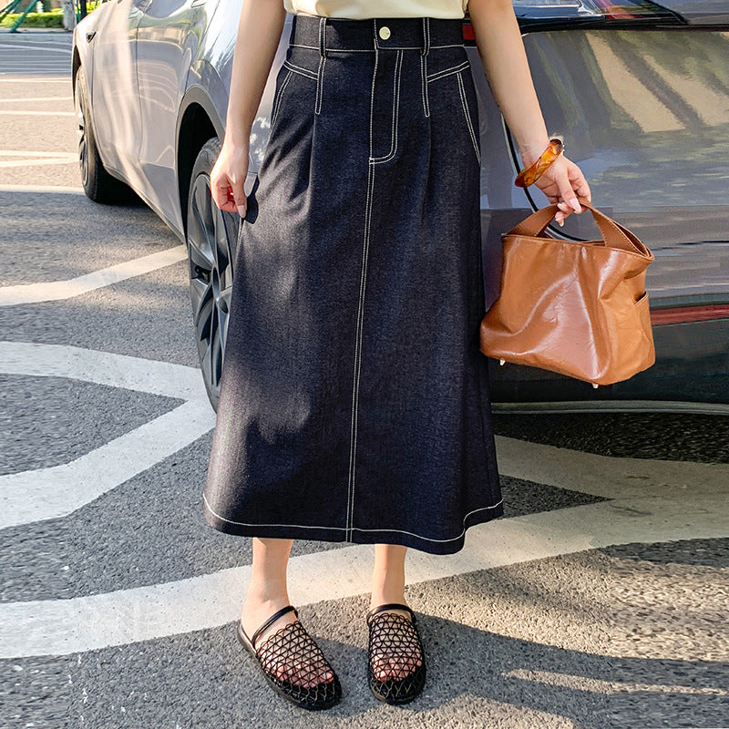 High Waist Dark Blue Straight Denim Midi Skirt – Basic Pocket Jean Skirt for Women (S–XL)