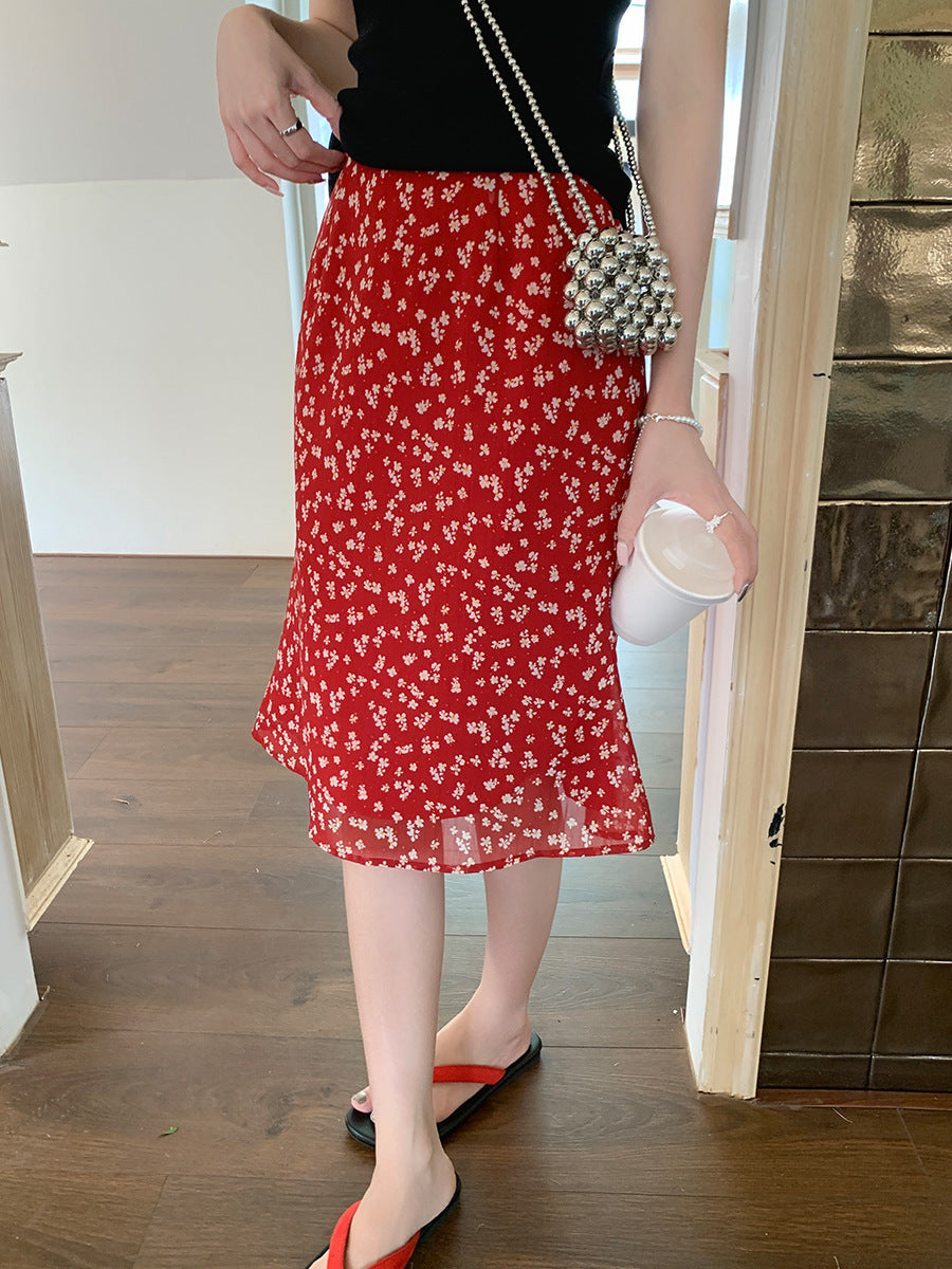 Red Floral Chiffon Midi Skirt – High Waist Ruffled Hem A-Line Skirt for Summer (S–XL)