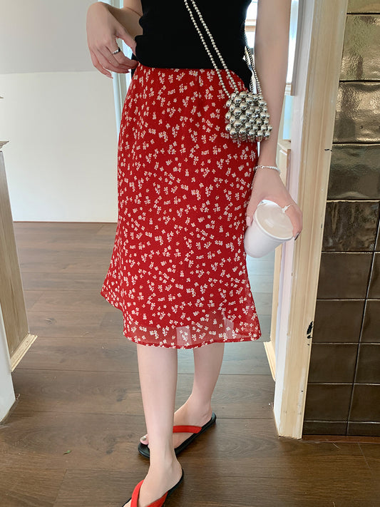 Red Floral Chiffon Midi Skirt – High Waist Ruffled Hem A-Line Skirt for Summer (S–XL)