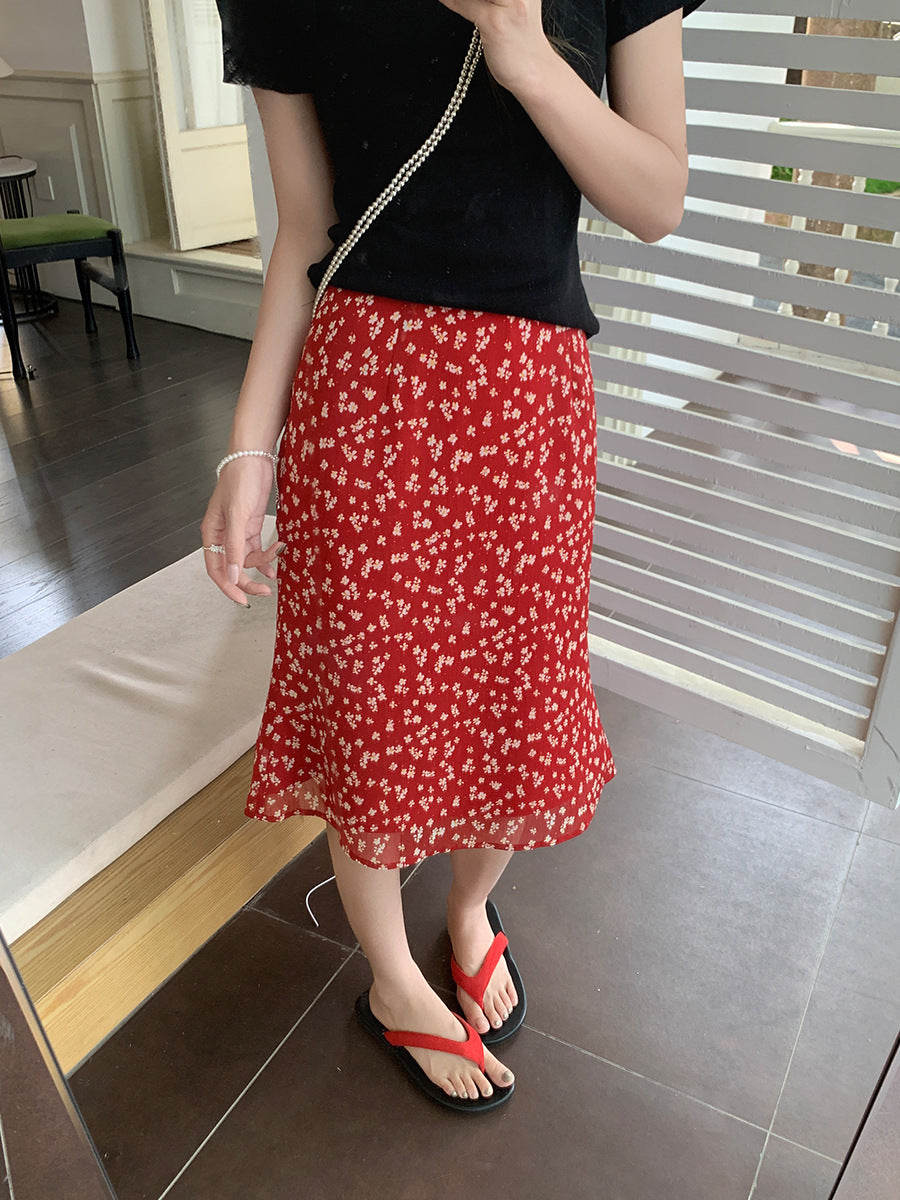Red Floral Chiffon Midi Skirt – High Waist Ruffled Hem A-Line Skirt for Summer (S–XL)