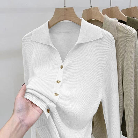 Simple V-Neck Buttoned Knit Top - Stylish and Versatile, Elegant and Comfortable