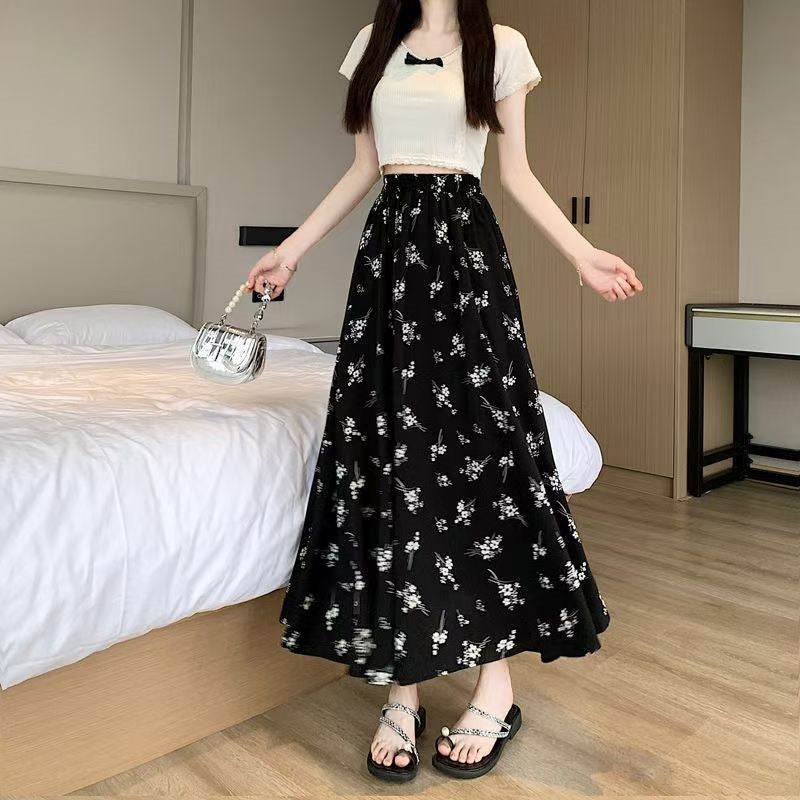 Black Floral High Waist Chiffon Midi Skirt – Elastic Waist Flowy A-Line Skirt for Women (S–XL)