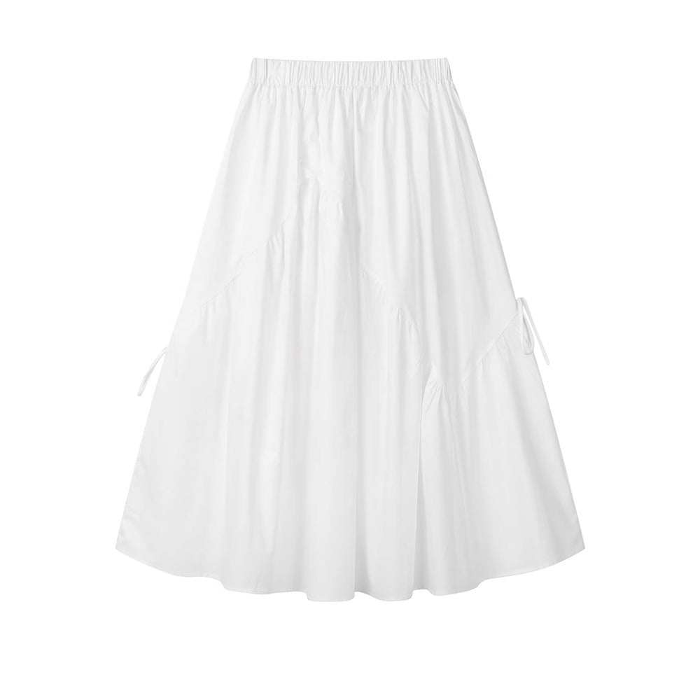 White High Waist Pleated A-Line Midi Skirt – Adjustable Gathered Detail Skirt for Women (S–XL)