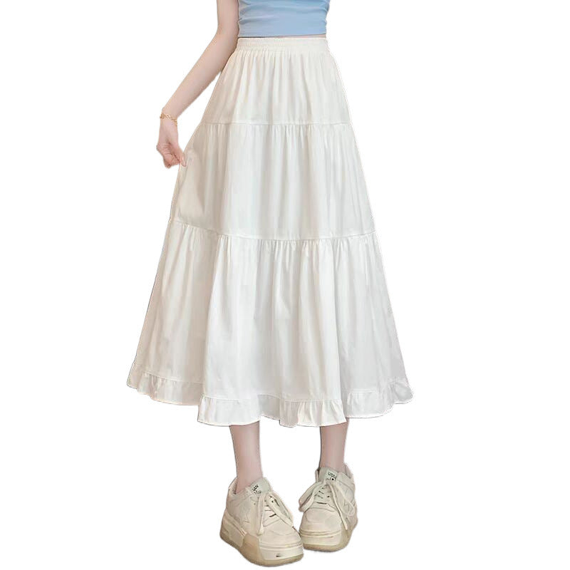 Sweet High Waist Tiered Ruffle Midi Skirt – White A-Line Elastic Waist Flowy Skirt for Women (S–XL)