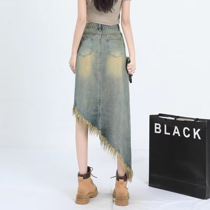 Asymmetrical High Waist Denim Midi Skirt – Frayed Hem Vintage Street Style A-Line Skirt for Women (S–XL)
