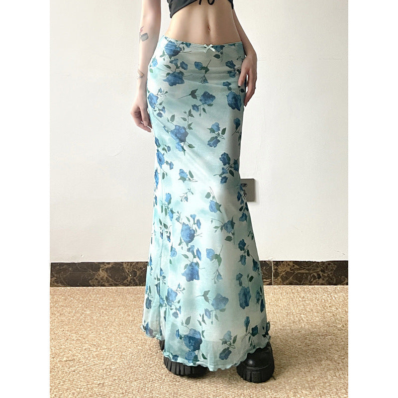Blue Floral High Waist Chiffon Bodycon Midi Skirt – Elegant Vintage-Inspired Skirt for Women (S–XL)