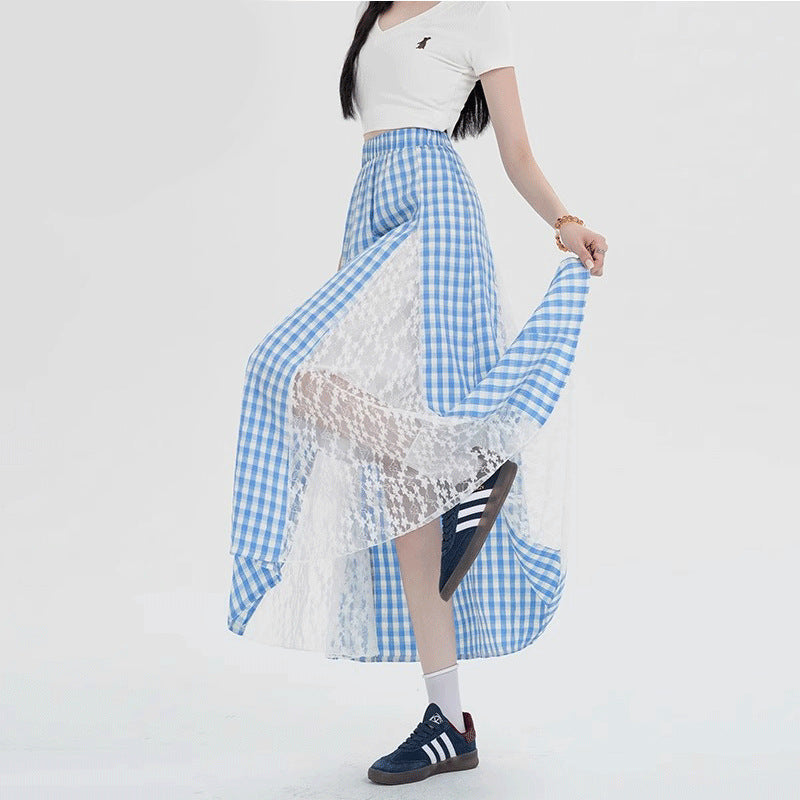 Blue Gingham Lace-Panel Midi Skirt – High Waist A-Line Sweet Vintage Skirt for Women (S–XL)