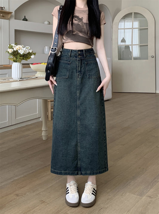Vintage Washed High Waist Straight Denim Midi Skirt – Utility Pocket A-Line Skirt for Women (S–XL)