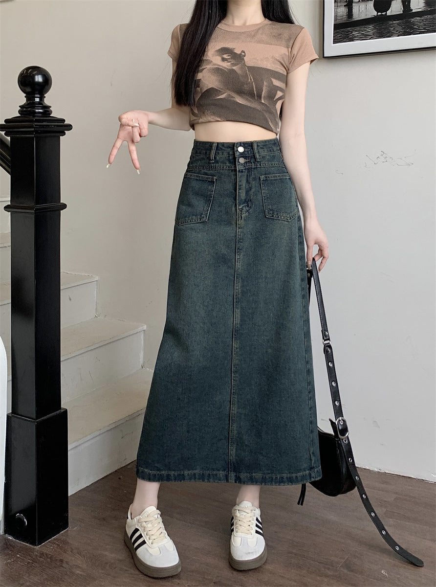 Vintage Washed High Waist Straight Denim Midi Skirt – Utility Pocket A-Line Skirt for Women (S–XL)