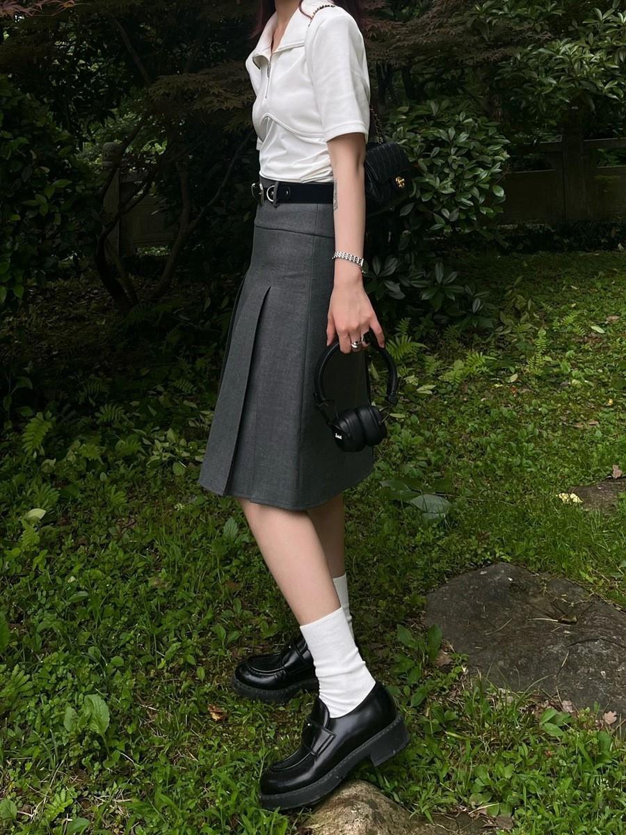 Dark Gray Pleated High Waist Midi Skirt – A-Line Academic Style Skater Skirt for Women (S–XL)