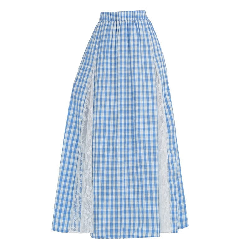 Blue Gingham Lace-Panel Midi Skirt – High Waist A-Line Sweet Vintage Skirt for Women (S–XL)