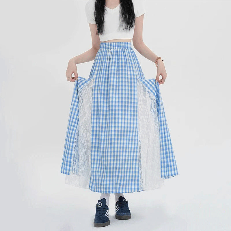 Blue Gingham Lace-Panel Midi Skirt – High Waist A-Line Sweet Vintage Skirt for Women (S–XL)