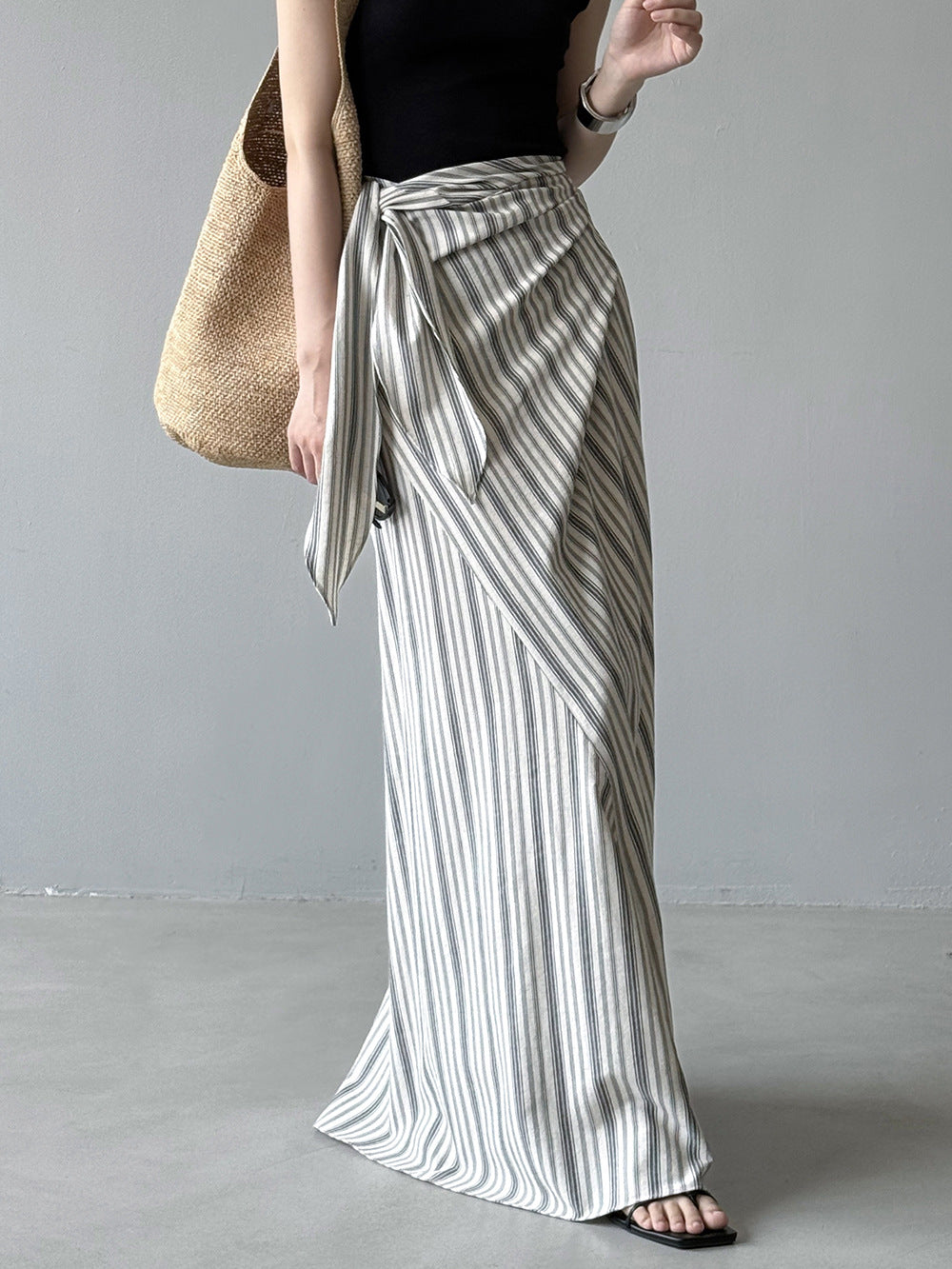 Minimalist High Waist Striped Wrap Midi Skirt – Gray-Green Tie Detail Flowing Skirt for Women (S–XL)