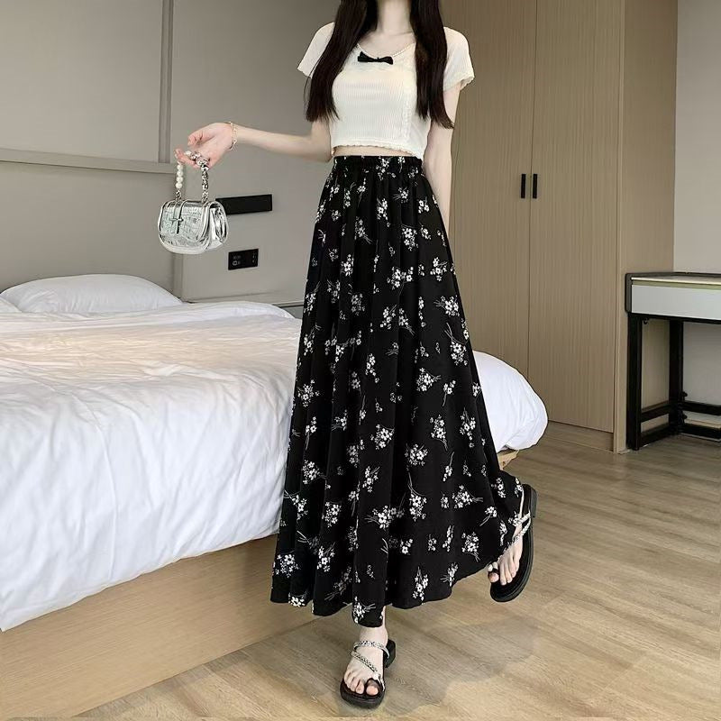 Black Floral High Waist Chiffon Midi Skirt – Elastic Waist Flowy A-Line Skirt for Women (S–XL)