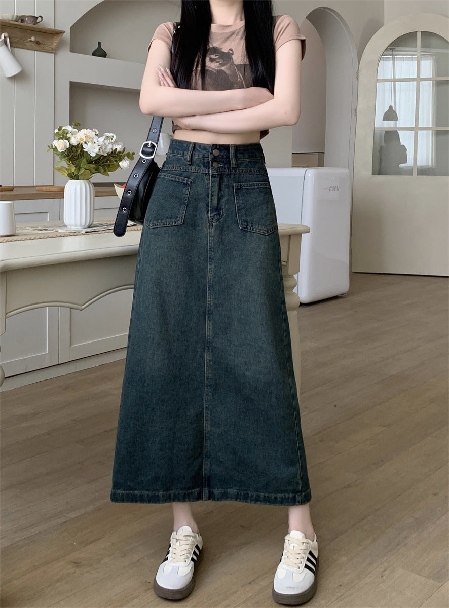 Vintage Washed High Waist Straight Denim Midi Skirt – Utility Pocket A-Line Skirt for Women (S–XL)